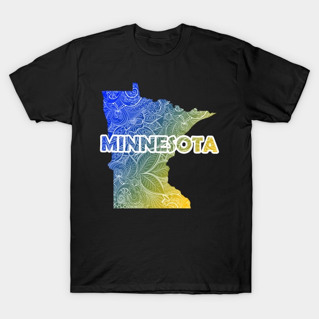 Colorful mandala art map of Minnesota with text in blue and yellow T-Shirt by Happy Citizen